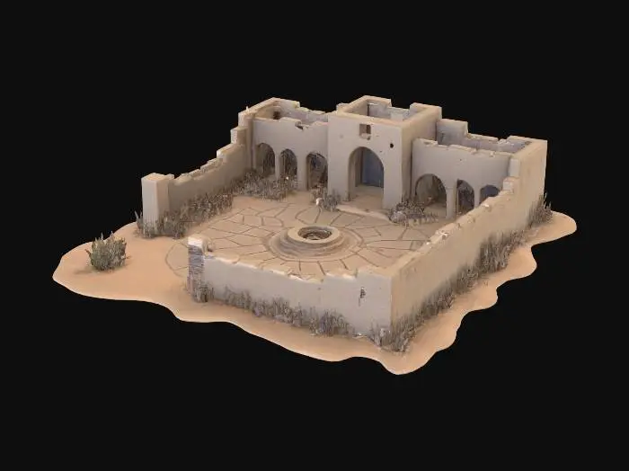3D model for Create a photorealistic, highly detailed 3D model of a ruined village set in a vast desert landscape. The environment features:

Crumbling stone and mud-brick buildings, some partially collapsed, displaying broken walls and exposed interiors.

Scattered debris, such as fallen roofing, shattered pottery, and old timber beams, hinting at a long-abandoned settlement.

Sparse, sun-bleached vegetation: palm stumps, dry shrubs, and patches of sand encroaching on the remnants of paths and courtyards.

A weathered central plaza or meeting area, now mostly covered in sand, with a dilapidated well, cracked stone benches, and faded mosaic tiles.

The model should be isolated against a clean, solid dark grey background and viewed from an elevated, isometric angle.