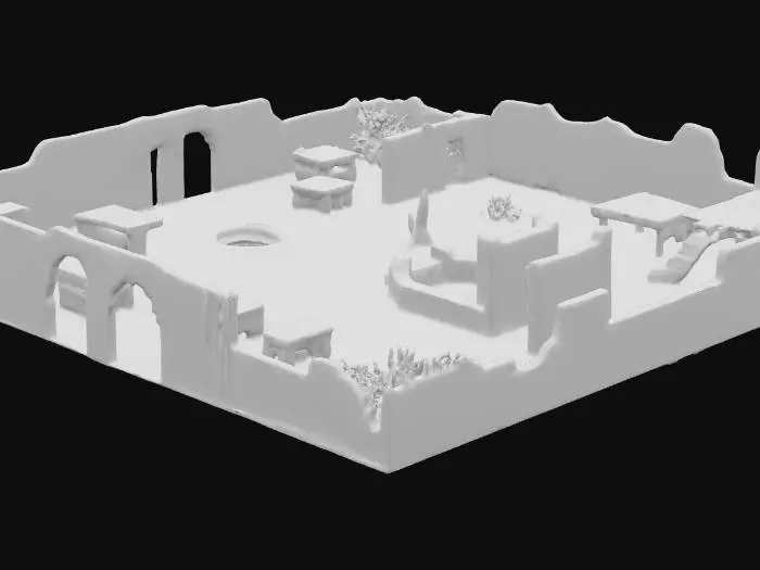 3D model for Create a photorealistic, highly detailed 3D model of a ruined village set in a vast desert landscape. The environment features:

Crumbling stone and mud-brick buildings, some partially collapsed, displaying broken walls and exposed interiors.

Scattered debris, such as fallen roofing, shattered pottery, and old timber beams, hinting at a long-abandoned settlement.

Sparse, sun-bleached vegetation: palm stumps, dry shrubs, and patches of sand encroaching on the remnants of paths and courtyards.

A weathered central plaza or meeting area, now mostly covered in sand, with a dilapidated well, cracked stone benches, and faded mosaic tiles.

The model should be isolated against a clean, solid dark grey background and viewed from an elevated, isometric angle.