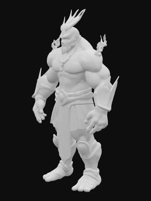 3D model for A powerful humanoid stone warrior stands in a heroic pose, displaying a robust, muscular build. His body is composed of green and grey rocky skin, intricately detailed with rough, weathered textures. Polished, ancient jade ornaments are embedded into his stony form, complementing his angular structure. Swirling mystical energy glows around his armored forearms and shoulders, adding an ethereal yet formidable presence. The entire figure feels unyielding and solid, embodying raw, ancient power.