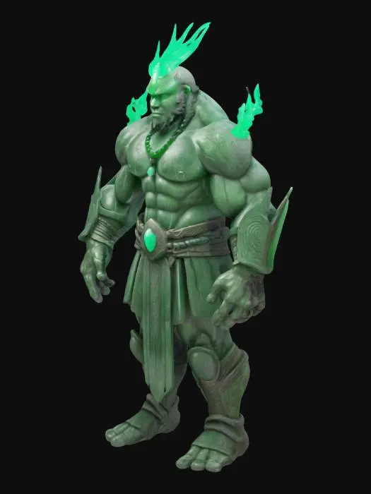 3D model for A powerful humanoid stone warrior stands in a heroic pose, displaying a robust, muscular build. His body is composed of green and grey rocky skin, intricately detailed with rough, weathered textures. Polished, ancient jade ornaments are embedded into his stony form, complementing his angular structure. Swirling mystical energy glows around his armored forearms and shoulders, adding an ethereal yet formidable presence. The entire figure feels unyielding and solid, embodying raw, ancient power.