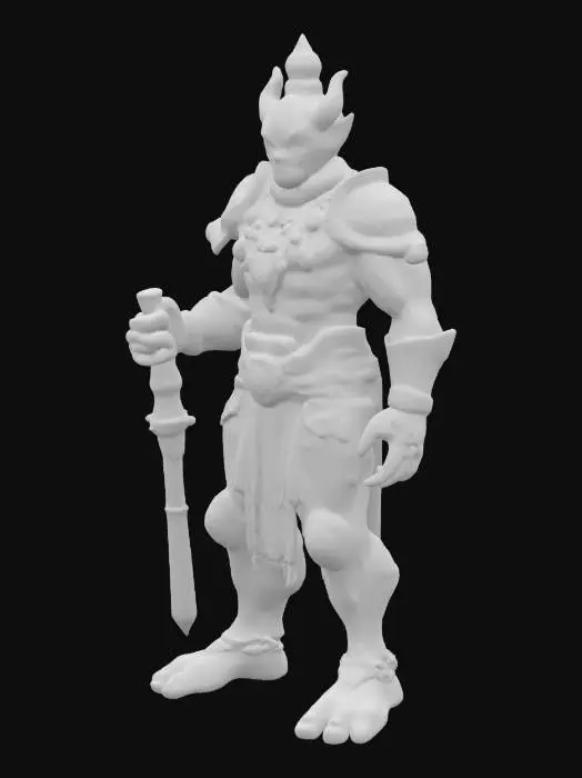 3D model for A powerful humanoid stone warrior stands in a heroic pose, displaying a robust, muscular build. His body is composed of green and grey rocky skin, intricately detailed with rough, weathered textures. Polished, ancient jade ornaments are embedded into his stony form, complementing his angular structure. Swirling mystical energy glows around his armored forearms and shoulders, adding an ethereal yet formidable presence. The entire figure feels unyielding and solid, embodying raw, ancient power.