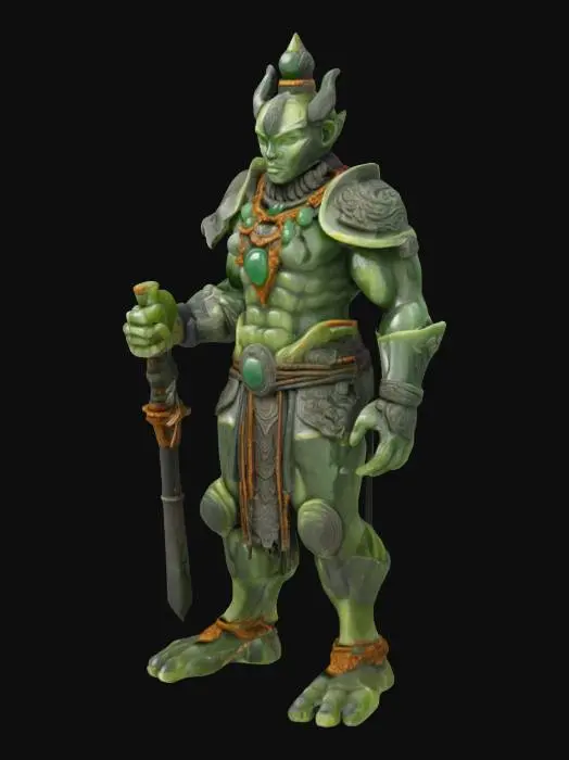 3D model for A powerful humanoid stone warrior stands in a heroic pose, displaying a robust, muscular build. His body is composed of green and grey rocky skin, intricately detailed with rough, weathered textures. Polished, ancient jade ornaments are embedded into his stony form, complementing his angular structure. Swirling mystical energy glows around his armored forearms and shoulders, adding an ethereal yet formidable presence. The entire figure feels unyielding and solid, embodying raw, ancient power.