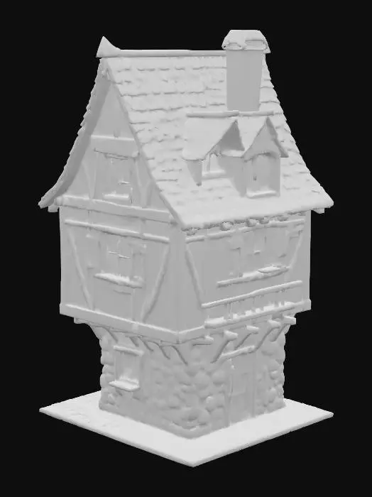 3D model for A medieval European town house stands with distinctive timber-framed architecture, its sturdy walls a blend of rough stone and aged plaster. Dark, weathered wooden beams crisscross the structure, supporting a steep, red-tiled roof. Narrow windows, each fitted with rustic wooden shutters, punctuate the facade, beneath a small, ornate balcony. Authentic, rustic textures define every surface, from the worn wood to the coarse stone, all resting upon a robust cobblestone foundation.