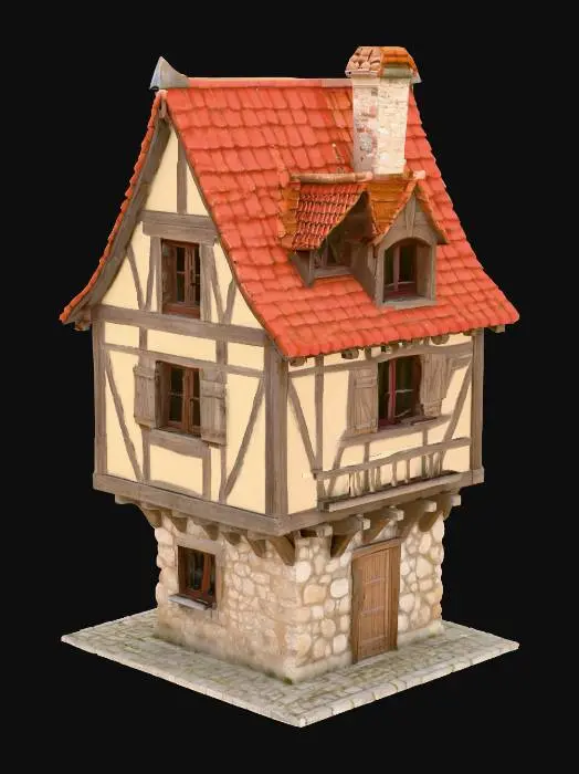 3D model for A medieval European town house stands with distinctive timber-framed architecture, its sturdy walls a blend of rough stone and aged plaster. Dark, weathered wooden beams crisscross the structure, supporting a steep, red-tiled roof. Narrow windows, each fitted with rustic wooden shutters, punctuate the facade, beneath a small, ornate balcony. Authentic, rustic textures define every surface, from the worn wood to the coarse stone, all resting upon a robust cobblestone foundation.