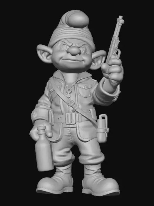 3D model for Le schtroumpf grognon. Une bouteille de rhum dans sa main gauche. Une arme de poing dans la main droite (SIG SAUER).