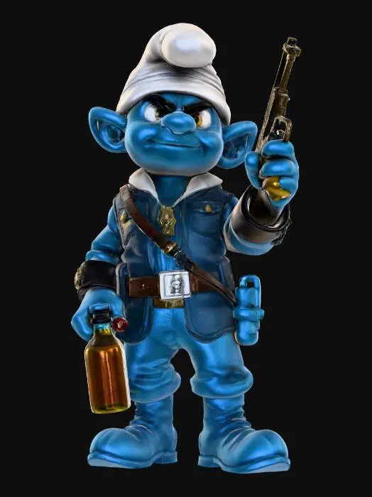 3D model for Le schtroumpf grognon. Une bouteille de rhum dans sa main gauche. Une arme de poing dans la main droite (SIG SAUER).