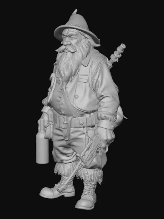 3D model for Le nain grincheux (de blanche-neige) tenant dans sa main gauche une bouteille de rhum et une arme de poing dans la main droite. Il y a marqué "GENDARMERIE" dans son dos.
