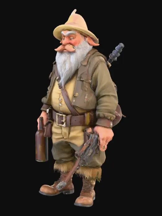 3D model for Le nain grincheux (de blanche-neige) tenant dans sa main gauche une bouteille de rhum et une arme de poing dans la main droite. Il y a marqué "GENDARMERIE" dans son dos.