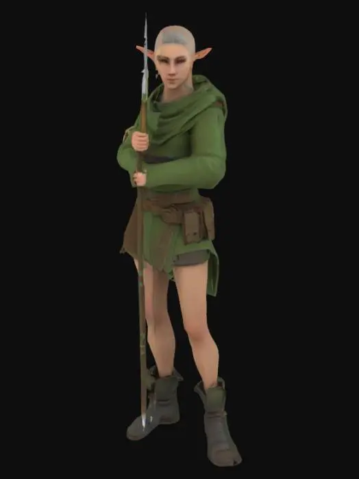 3D model for Generate a 3D Asset complete with all functions for a Unit to be used in a strategy game. This should be an elven infantry unit with simple green clothing and a spear.
