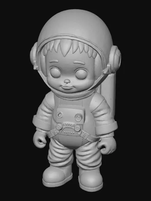 3D model for A high-definition 3D model of a chibi-style astronaut character with a clean white spacesuit, bulky proportions, and cute rounded shapes. The design should have a cartoonish and stylized look, similar to game mascots.

The helmet is glossy white with clear glass, showing a friendly, expressive green zombie face with large eyes and a goofy smile.

The spacesuit should have orange accent lines, small buttons, and panels with subtle wear and shading for realism.

Use HD PBR textures, smooth topology, and matte finish lighting.

Environment lighting: soft studio light with subtle shadows.

Style tags: 3D, chibi, astronaut, stylized, zombie, cartoon, HD detail, matte, clean white suit, game-ready model.