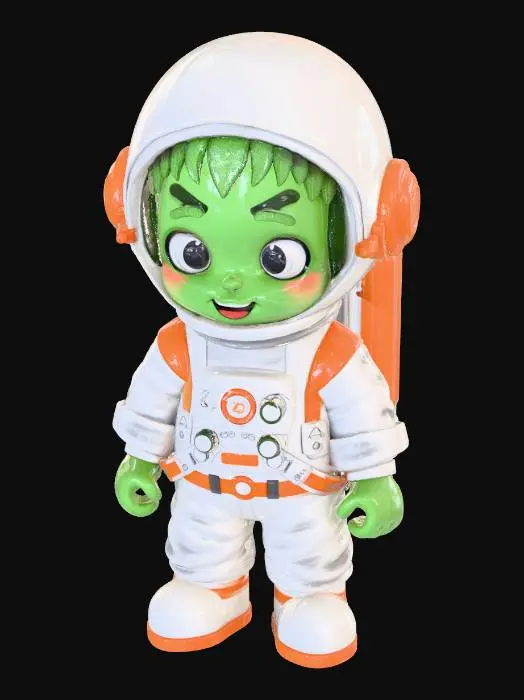 3D model for A high-definition 3D model of a chibi-style astronaut character with a clean white spacesuit, bulky proportions, and cute rounded shapes. The design should have a cartoonish and stylized look, similar to game mascots.

The helmet is glossy white with clear glass, showing a friendly, expressive green zombie face with large eyes and a goofy smile.

The spacesuit should have orange accent lines, small buttons, and panels with subtle wear and shading for realism.

Use HD PBR textures, smooth topology, and matte finish lighting.

Environment lighting: soft studio light with subtle shadows.

Style tags: 3D, chibi, astronaut, stylized, zombie, cartoon, HD detail, matte, clean white suit, game-ready model.