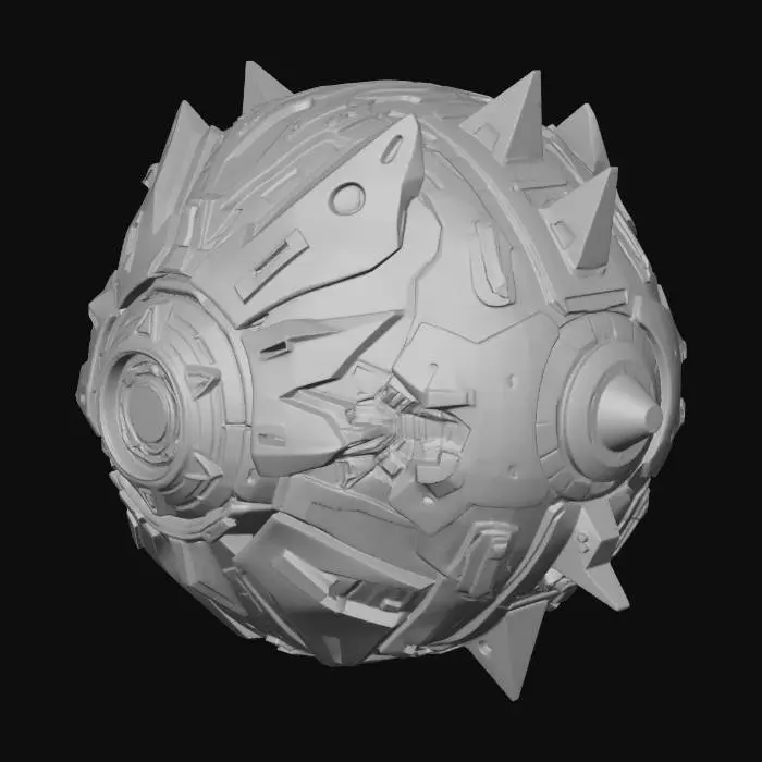 3D model for 3D game asset, stylized sci-fi enemy robot, symmetrical floating orb, outer shell made of sharp geometric crystal shards, inner mechanical core with glowing red eye, high-tech white and black matte finish, low-poly optimized but high-detail textures, isolated on white background, neutral lighting.