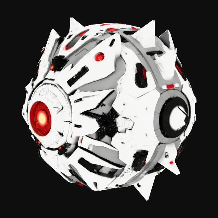 3D model for 3D game asset, stylized sci-fi enemy robot, symmetrical floating orb, outer shell made of sharp geometric crystal shards, inner mechanical core with glowing red eye, high-tech white and black matte finish, low-poly optimized but high-detail textures, isolated on white background, neutral lighting.