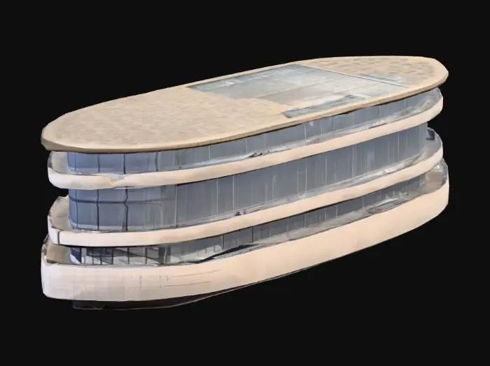 3D model for 一座现代购物中心，其外观由大面积的透明玻璃幕墙、米白色穿孔铝板和深灰色石材基座构成。建筑体量宏大，结构多层次，入口处设有宽阔的遮阳雨棚和几何造型的门廊。表面光滑且富有质感，触感冰冷坚硬，玻璃在阳光下反射光芒，整体呈现出时尚、开放且充满活力的商业气息。