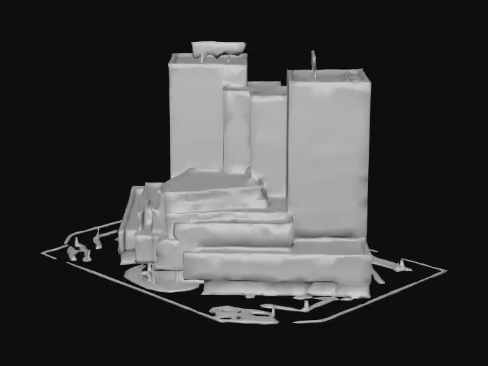 3D model for 一座现代大型医院，其建筑群由数栋高层玻璃幕墙塔楼和低层裙楼组成，外立面采用浅灰色和蓝色的组合，线条流畅且富有层次感。主入口处设有一个巨大的弧形雨篷，内部大厅挑高设计，采光极佳，配备了智能导航系统和舒适的等候区。屋顶花园和空中连廊连接各栋建筑，强调了患者的舒适体验和高效的内部流线。