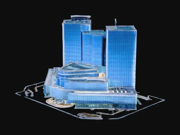 3D model for 一座现代大型医院，其建筑群由数栋高层玻璃幕墙塔楼和低层裙楼组成，外立面采用浅灰色和蓝色的组合，线条流畅且富有层次感。主入口处设有一个巨大的弧形雨篷，内部大厅挑高设计，采光极佳，配备了智能导航系统和舒适的等候区。屋顶花园和空中连廊连接各栋建筑，强调了患者的舒适体验和高效的内部流线。