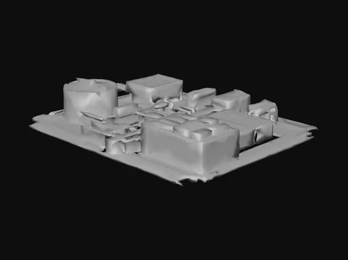 3D model for 一座现代污水处理厂，其建筑群由模块化的灰色钢筋混凝土结构和蓝色金属板构成，整体呈现出工业而整洁的几何美感。大型曝气池的水面在阳光下泛着微光，旁边是不锈钢管道网络，这些管道精准地连接着各个功能区，材质光滑且反光。控制中心建筑采用大面积玻璃幕墙，透明而现代，周围点缀着绿色植被，展现出科技与环境和谐共存的理念。