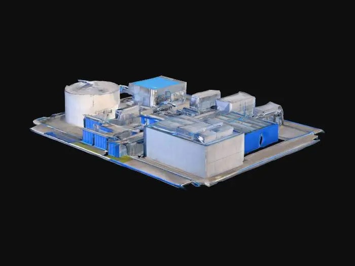 3D model for 一座现代污水处理厂，其建筑群由模块化的灰色钢筋混凝土结构和蓝色金属板构成，整体呈现出工业而整洁的几何美感。大型曝气池的水面在阳光下泛着微光，旁边是不锈钢管道网络，这些管道精准地连接着各个功能区，材质光滑且反光。控制中心建筑采用大面积玻璃幕墙，透明而现代，周围点缀着绿色植被，展现出科技与环境和谐共存的理念。