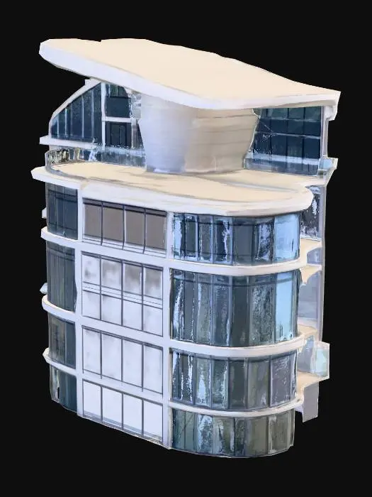 3D model for 一座现代化的商场，外观由大面积透明玻璃幕墙与灰色铝复合板构成，结构宽阔，多层错落有致，部分入口设有流线型顶棚。大楼表面光滑洁净，玻璃在阳光下闪烁，触感冰冷而坚硬，内部可能透露出明亮的灯光，整体呈现出时尚且功能化的商业建筑风格。