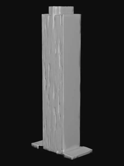 3D model for 一座超高层办公大厦，外立面由深色反光玻璃幕墙和银色垂直金属线条构成，塔身呈修长的矩形，顶部略带尖角。大厦结构高耸入云，表面光滑如镜，触感冰冷坚硬，反射着天空和周围的城市景象，展现出威严且极具现代感的企业形象。