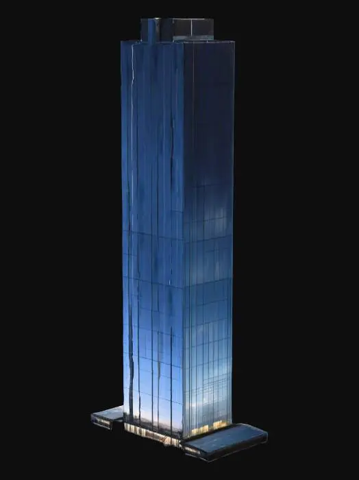 3D model for 一座超高层办公大厦，外立面由深色反光玻璃幕墙和银色垂直金属线条构成，塔身呈修长的矩形，顶部略带尖角。大厦结构高耸入云，表面光滑如镜，触感冰冷坚硬，反射着天空和周围的城市景象，展现出威严且极具现代感的企业形象。