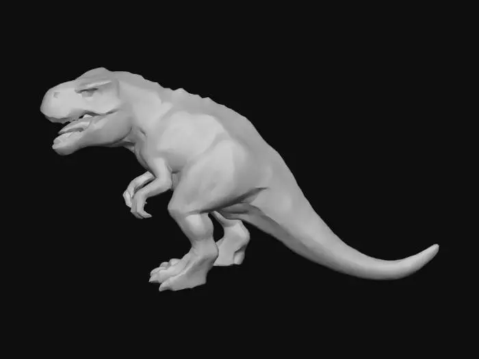 3D model for A colossal Tyrannosaurus Rex, depicted with a realistic, rugged texture of leathery, deep olive green scales that transition to a lighter, sandy beige on its underbelly. Its powerful legs are thick and muscular, supporting a heavy, balanced body. The skin features subtle wrinkles and scars, indicative of ancient battles, with a rough, dry feel. Its formidable jaws are slightly agape, revealing jagged, pearly white teeth.