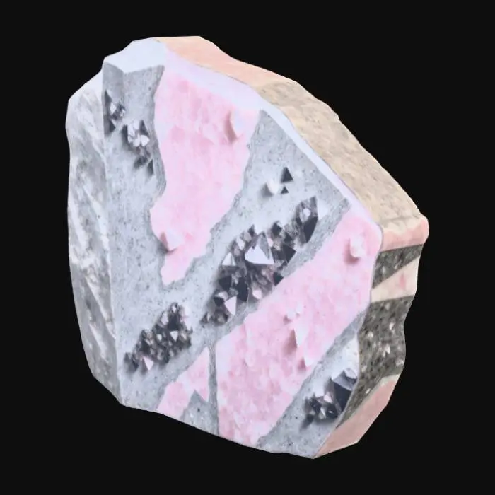 3D model for A piece of raw granite, angular and unpolished, displaying a speckled, salt-and-pepper pattern composed of interlocking crystals of quartz (clear/gray), feldspar (pink/white), and mica (black). The surface is inherently rough and abrasive, a testament to its coarse-grained igneous structure. Its robust, mottled appearance conveys immense strength and natural permanence.