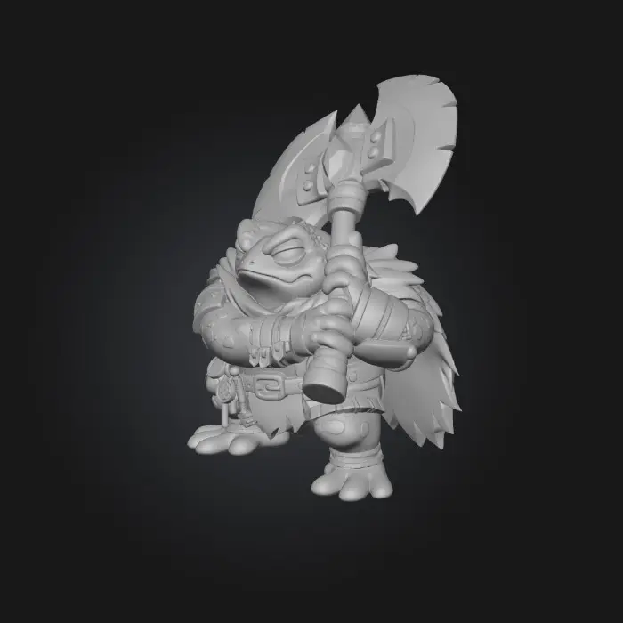 3D model for Axe-Wielding Purple Frog Warrior with leaves and plate armor and a key on a belt