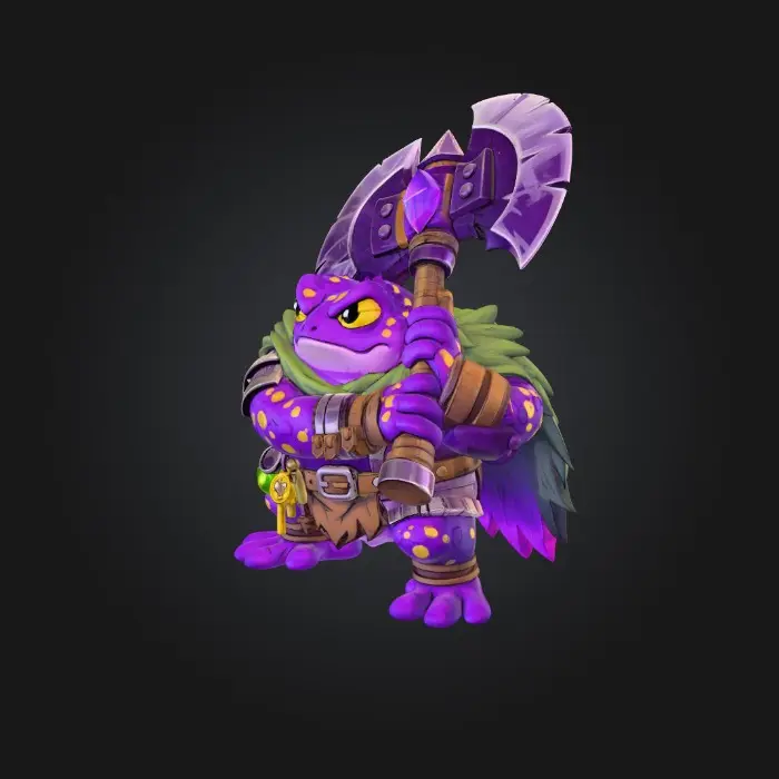 3D model for Axe-Wielding Purple Frog Warrior with leaves and plate armor and a key on a belt
