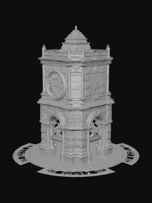 3D model for University clock tower in distance, stone texture, large round clock face, black roman numerals, subtle moss and weathering, soft ambient illumination