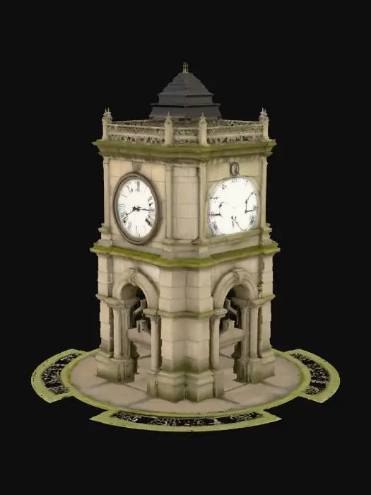 3D model for University clock tower in distance, stone texture, large round clock face, black roman numerals, subtle moss and weathering, soft ambient illumination