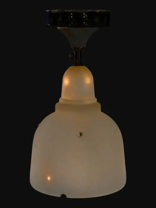 3D model for 1940s ceiling-mounted glass lamp with warm tungsten glow. Frosted white glass shade and black metal base. Soft light radius. No visible modern bulbs.