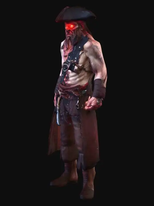 3D model for Pirate man, has glowing red eyes. A hook for a hand. Wrinkly skin, demonic looking. His eyes are a deep red that glows so brightly.