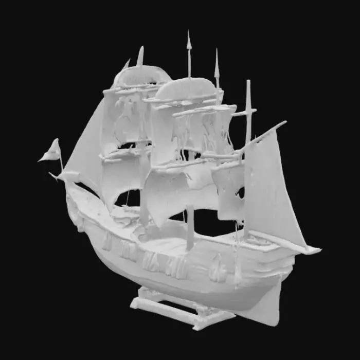 3D model for "Siyah İnci" adlı korsan gemisi, tamamıyla koyu, kömürleşmiş meşe ağacından yapılmış, pürüzsüz ve mat siyah bir dış yüzeye sahiptir. İnce, aerodinamik gövdesi ona inanılmaz bir hız verirken, yelkenleri yıpranmış, eski ve yamalı, ancak rüzgarda hala güçlü bir şekilde şişkin duruyor. Güvertesi sağlam ve karanlık renkte, üzerinde çatlaklar ve denizin izleri belirgin. Topları gizlenmiş, tehditkar ve zarif bir görünüme sahip.