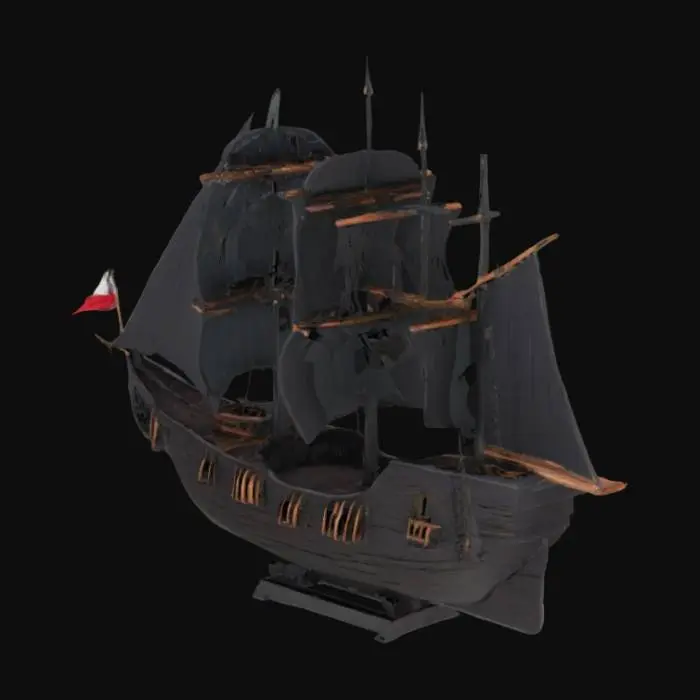 3D model for "Siyah İnci" adlı korsan gemisi, tamamıyla koyu, kömürleşmiş meşe ağacından yapılmış, pürüzsüz ve mat siyah bir dış yüzeye sahiptir. İnce, aerodinamik gövdesi ona inanılmaz bir hız verirken, yelkenleri yıpranmış, eski ve yamalı, ancak rüzgarda hala güçlü bir şekilde şişkin duruyor. Güvertesi sağlam ve karanlık renkte, üzerinde çatlaklar ve denizin izleri belirgin. Topları gizlenmiş, tehditkar ve zarif bir görünüme sahip.