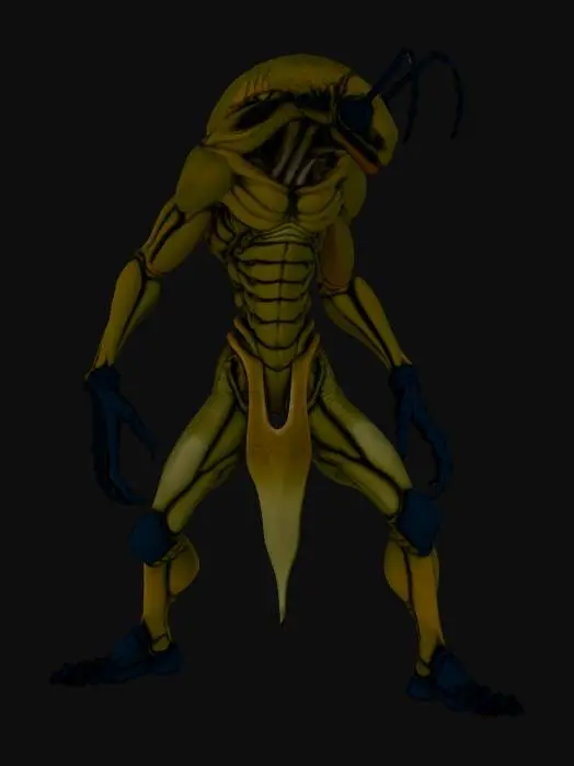 3D model for very high quality full body model. muscular sleek creature with a very detailed humanoid face.
insectoid humanoid.
in the style of the anime one piece.
he is posed in a way that it is easy to rig and animate.
