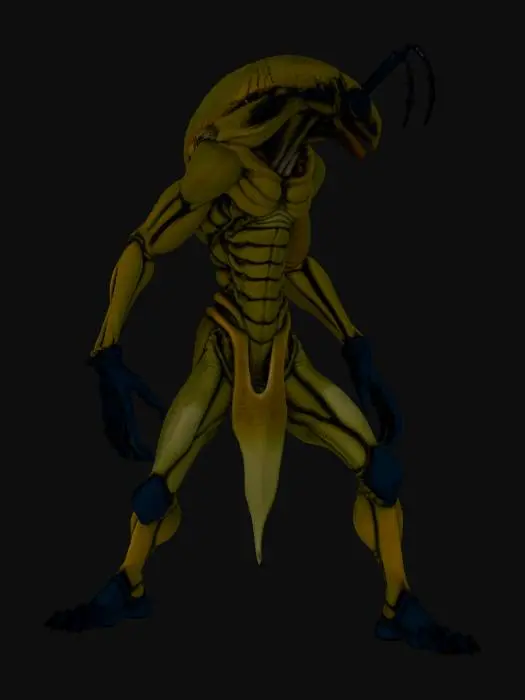 3D model for very high quality full body model. muscular sleek creature with a very detailed humanoid face.
insectoid humanoid.
in the style of the anime one piece.
he is posed in a way that it is easy to rig and animate.