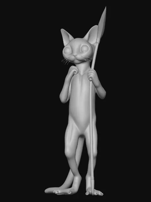 3D model for A bipedal creature that resembles a cross between a housecat and a sea hare mollusc holding a crude, tubular spear. The creature's skin is off-white and it has large black eyes.