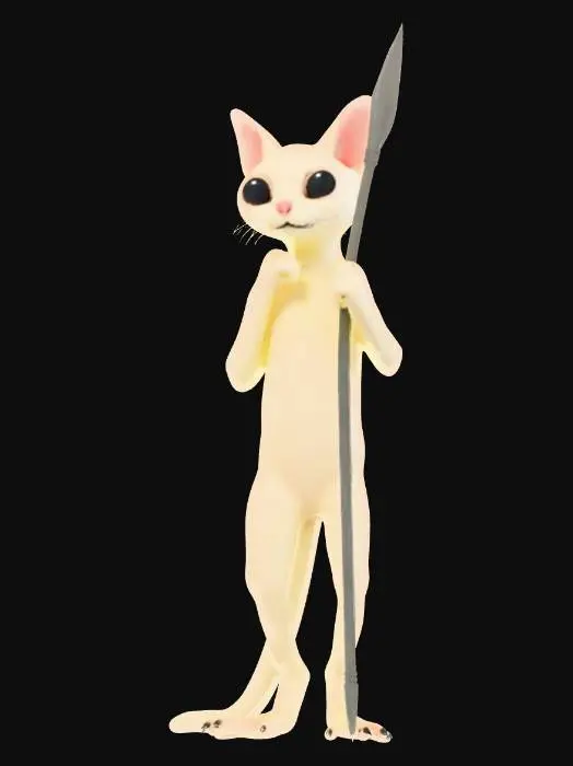 3D model for A bipedal creature that resembles a cross between a housecat and a sea hare mollusc holding a crude, tubular spear. The creature's skin is off-white and it has large black eyes.