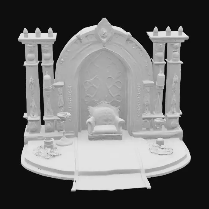 3D model for #arch#, An arched vampire door on a big 10x2 platform where it leads to a vampire throne with red carpet on the floor, vampire room, no roof, treasures all over the place