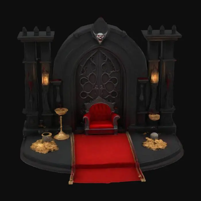 3D model for #arch#, An arched vampire door on a big 10x2 platform where it leads to a vampire throne with red carpet on the floor, vampire room, no roof, treasures all over the place