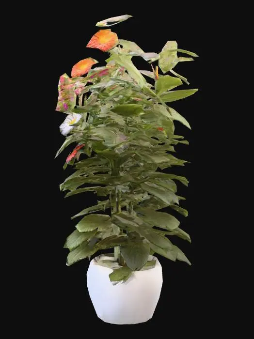 3D model for big plant with flowers in a white pot.