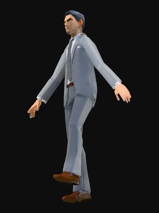 3D model for A low poly character, from a PS1 game, in a grey suit and pants, with a grey tie and a white shirt. #character#, #low_poly#, #suit#