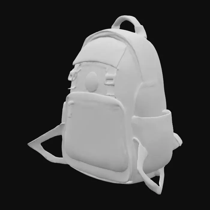 3D model for "Design a playful, stylized 3D model of a cartoon backpack. Use rounded, exaggerated shapes and bright, bold colors to create a fun, approachable look. Add oversized zippers, chunky straps, and whimsical details like badges, patches, or keychains to enhance personality. Keep textures simple and clean — flat, cel‑shaded, or painterly — to maintain the cartoon aesthetic. The overall design should feel lighthearted and appealing, perfect for animation or children’s media.