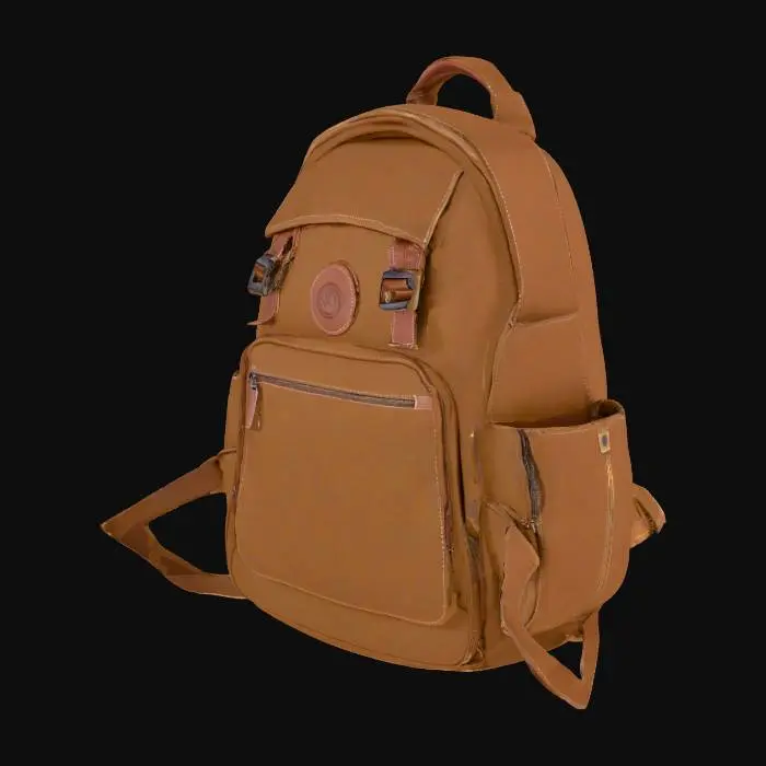 3D model for "Design a playful, stylized 3D model of a cartoon backpack. Use rounded, exaggerated shapes and bright, bold colors to create a fun, approachable look. Add oversized zippers, chunky straps, and whimsical details like badges, patches, or keychains to enhance personality. Keep textures simple and clean — flat, cel‑shaded, or painterly — to maintain the cartoon aesthetic. The overall design should feel lighthearted and appealing, perfect for animation or children’s media.