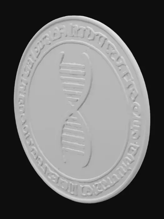 3D model for A coin that symbolizes a gene. It has a gene symbol on it. 