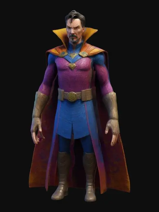 3D model for A stylized t-pose character of Dr Strange, quadmesh, colorful colors, sharp, detailed, unreal engine, marvel, 8k, unique, round vibrant armored outfit, surbdivided, expressive eyes, chest armor