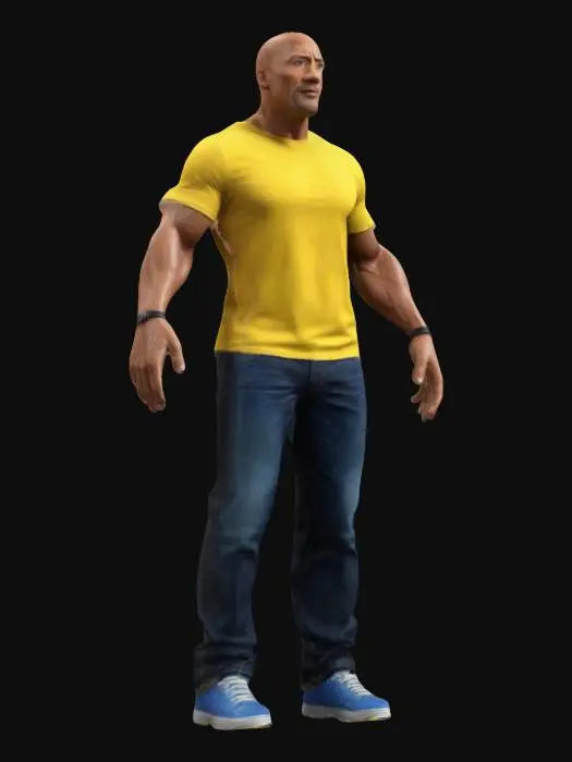 3D model for Tissu, Ultra réaliste, #realistic# Dwayne Johnson, Yellow T-Shirt, black denim pants, Blue Low-top Sneaker, Highly Detailed, Ultra Realistic, Full Body, A-pose