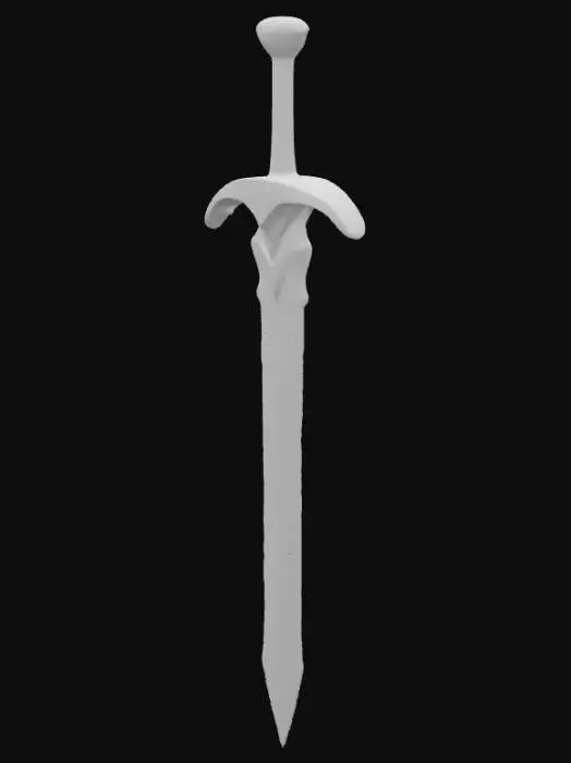 3D model for Low-poly game asset of a medieval sword, featuring glowing runes and a worn leather grip. Made of scratched metal with hand-painted textures. Optimized mesh, Symmetrical. (negative: no background, not photorealistic, no base)