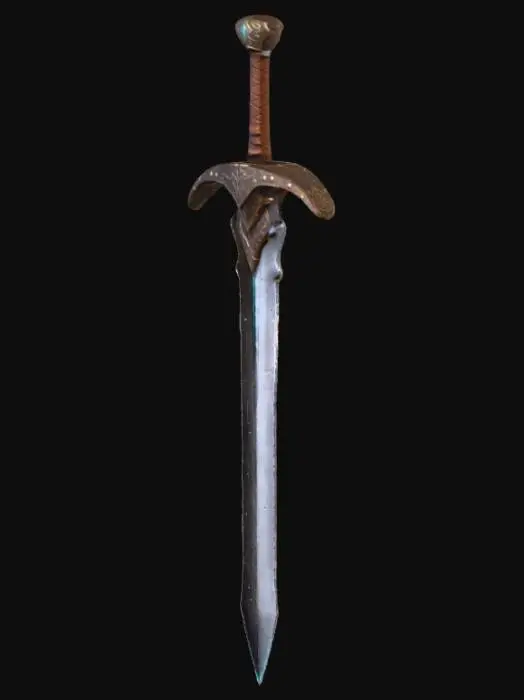 3D model for Low-poly game asset of a medieval sword, featuring glowing runes and a worn leather grip. Made of scratched metal with hand-painted textures. Optimized mesh, Symmetrical. (negative: no background, not photorealistic, no base)